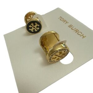 Tory Burch Gold and Black Double-Face Logo Clip-On Earrings with Crystals